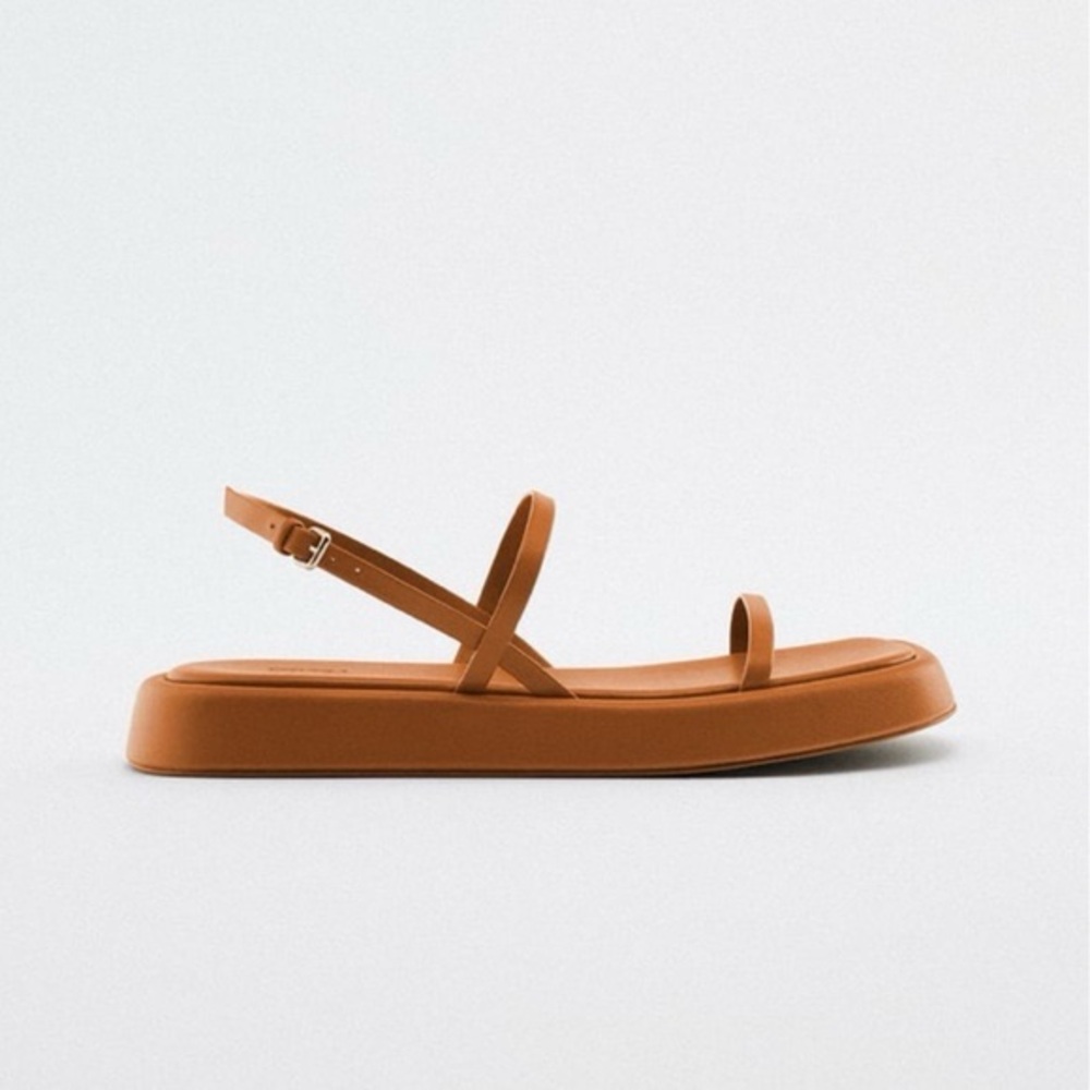 Zara Flat Platform Strappy leather camel Brown Sandals Minimalist Sandal Size 38